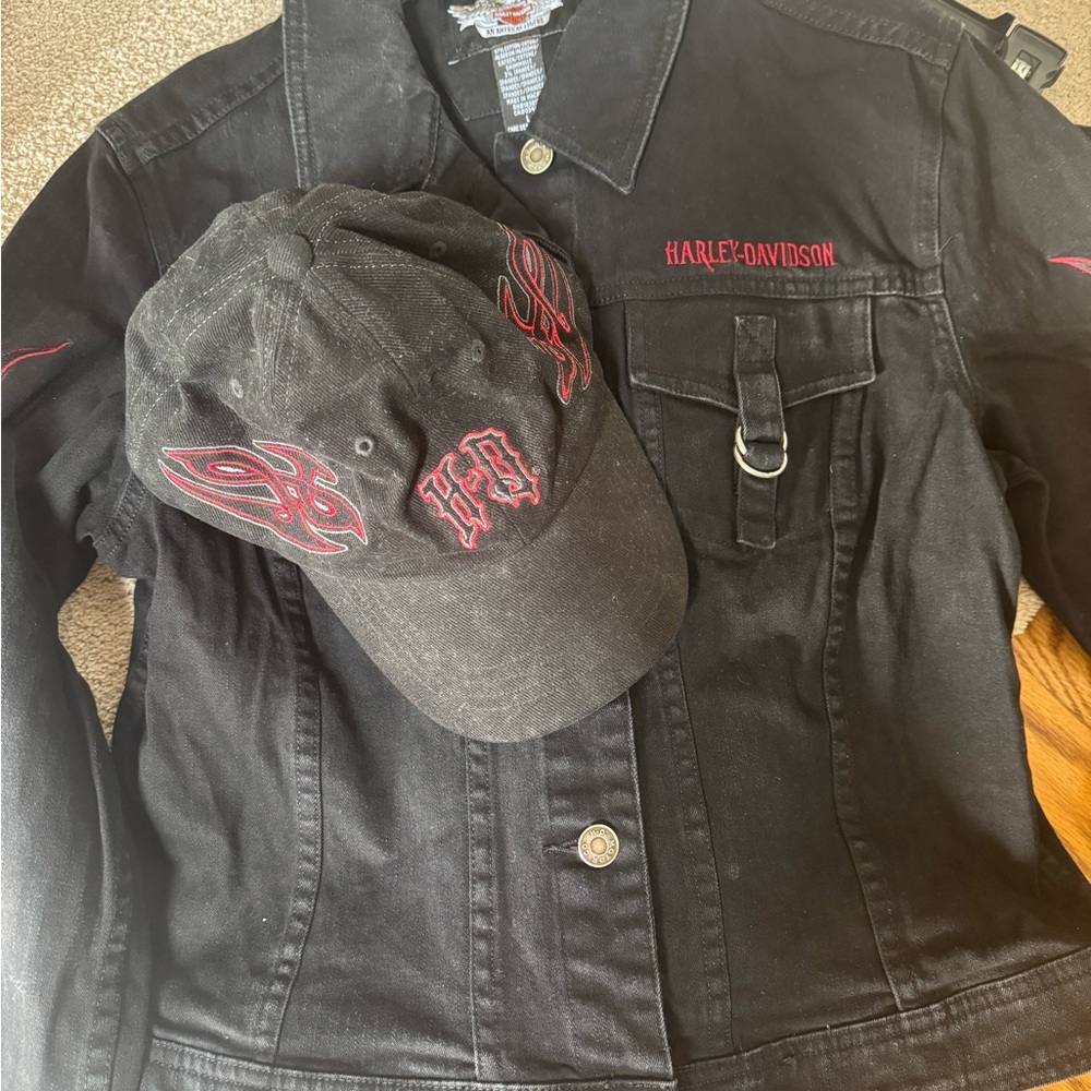 Harley-Davidson Black Jacket and Cap with Red Accents
